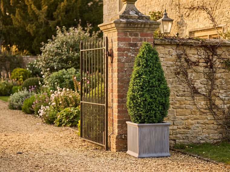 Artificial topiary buxus tower 120cm in a planter beside a garden gate pier