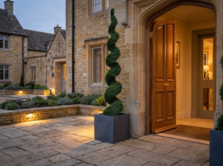 Artificial topiary cedar spiral 300cm flanking a stone hotel entrance at dusk