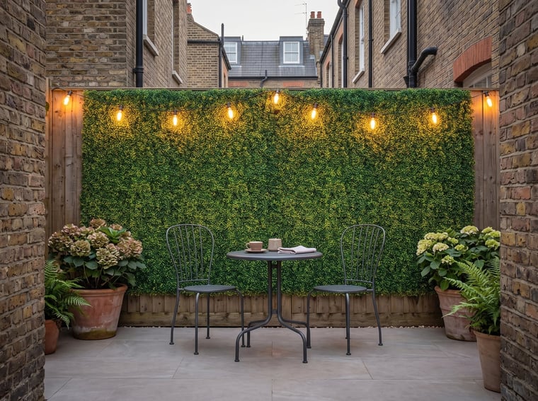 Artificial boxwood living wall panels screening a fence in a courtyard garden