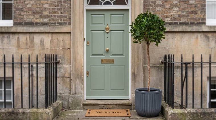 Artificial bay laurel ball tree in a grey planter by a sage green front door