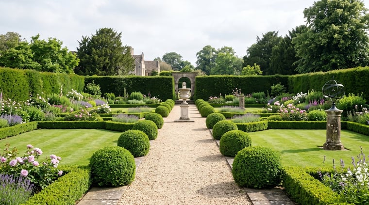 Symmetrical formal garden with box balls flanking a gravel path towards a stone urn and armillary sphere