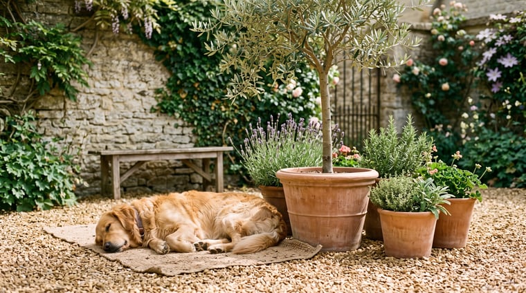 A dog resting in the shade of a potted olive tree on a gravel Mediterranean courtyard