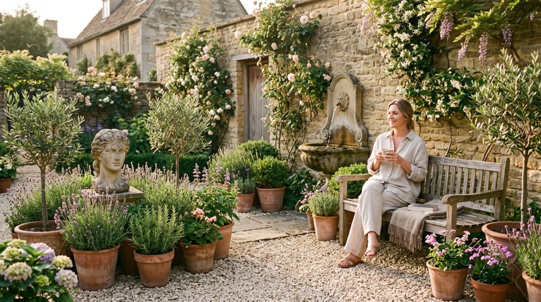 Mediterranean-style UK courtyard garden with a classical stone head, olive trees, lavender and a wall fountain