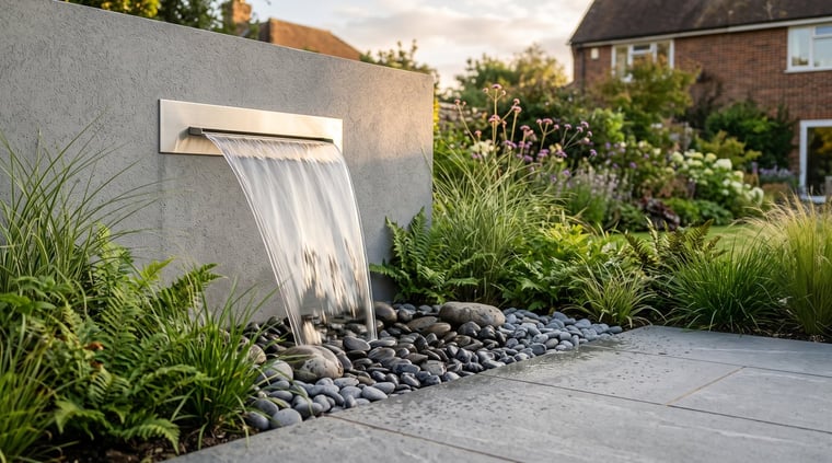 Pondless water feature with a stainless steel waterfall blade pouring onto pebbles over a hidden reservoir