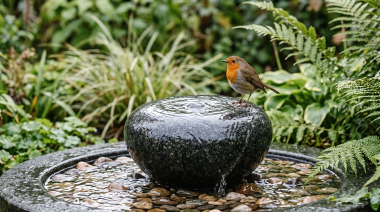 A robin perched on a granite sphere water feature in a lush, planted UK garden