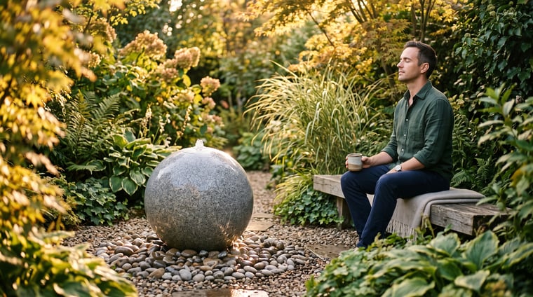 A man relaxing on a bench beside a granite sphere water feature in a calm UK wellbeing garden