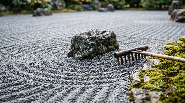 Raked grey zen garden gravel with concentric rake lines curving around a single weathered rock and a bamboo rake resting on a moss edge
