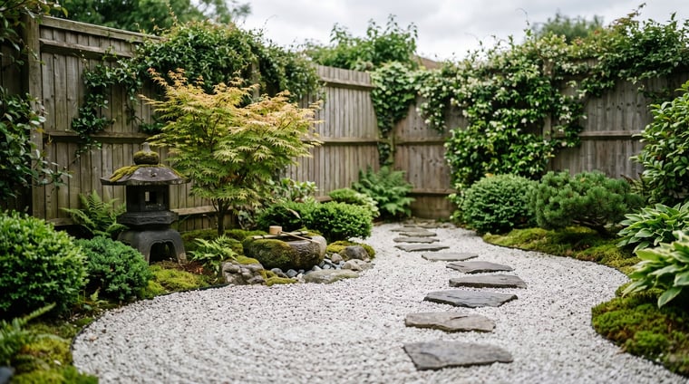 Japanese-style zen garden in a UK back garden with raked pale gravel, stepping stones, a granite stone lantern, an acer and a moss-edged stone water basin