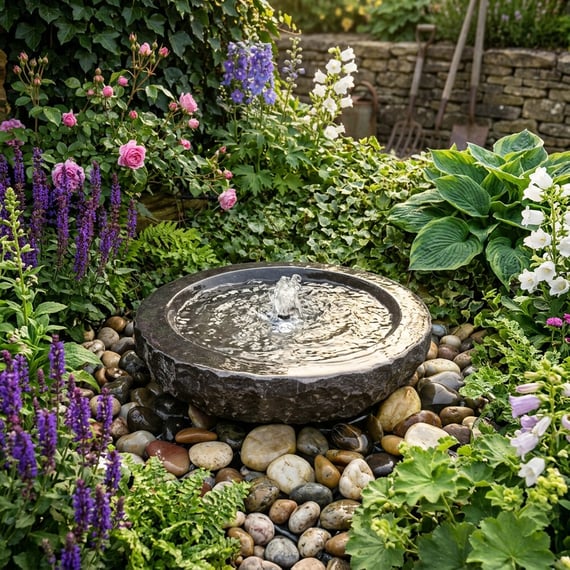 Babbling bowl black limestone water feature giving a soft welling trickle