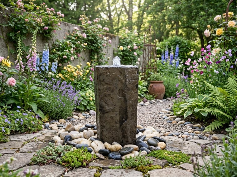 Drilled basalt column pondless water feature kit with hidden reservoir in a planted garden