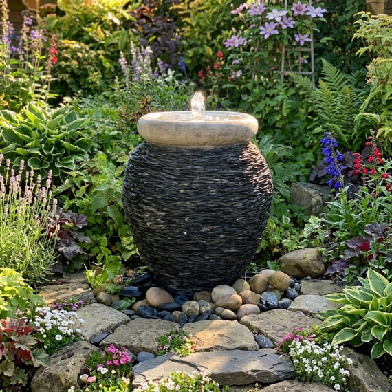 Slate urn water feature anchoring a planted garden zone