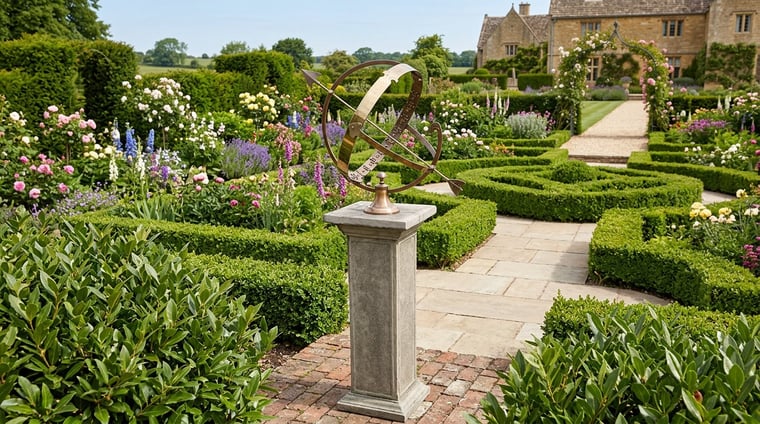 Large brass armillary sphere on an Athenian stone pedestal used as a formal garden focal point