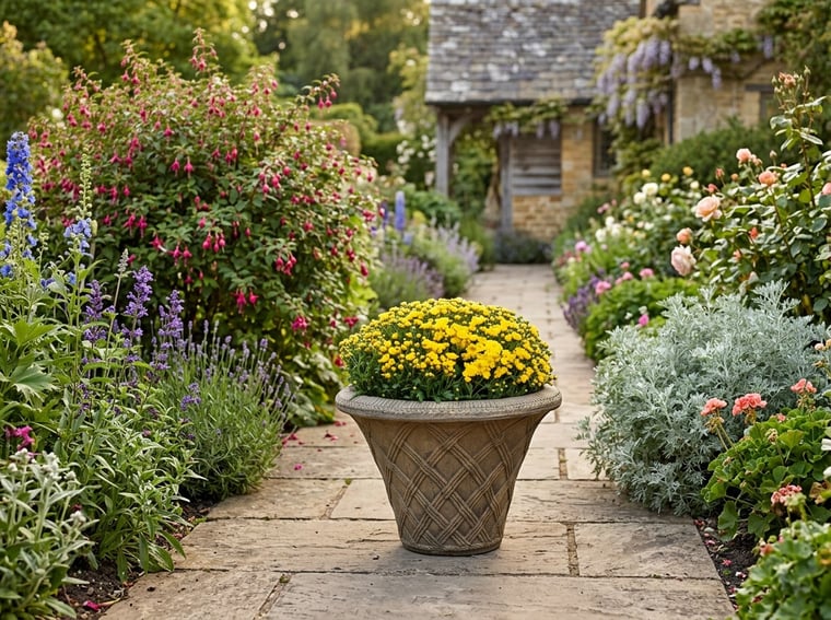 Thatched stone garden urn planted in a UK cottage garden setting