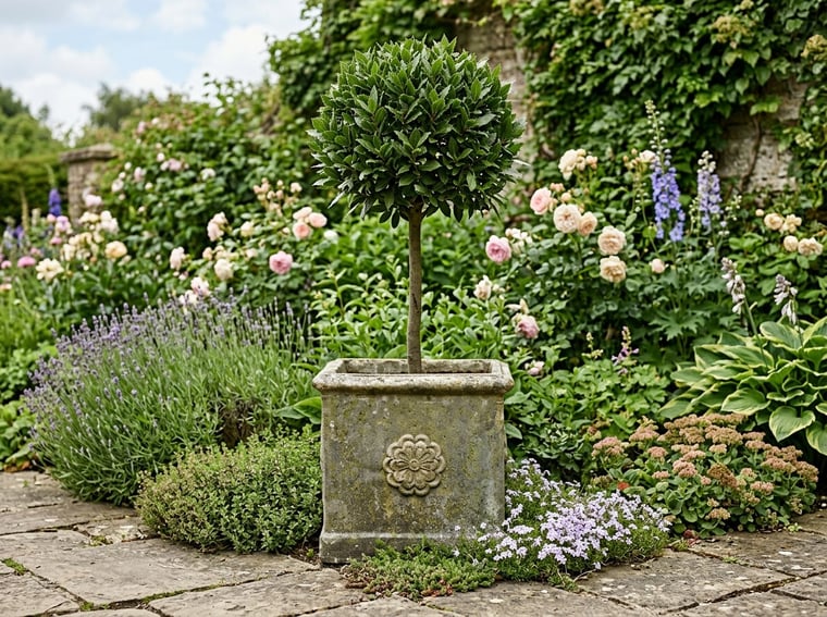 Tudor Rose stone garden urn planted with trailing flowers on a UK patio