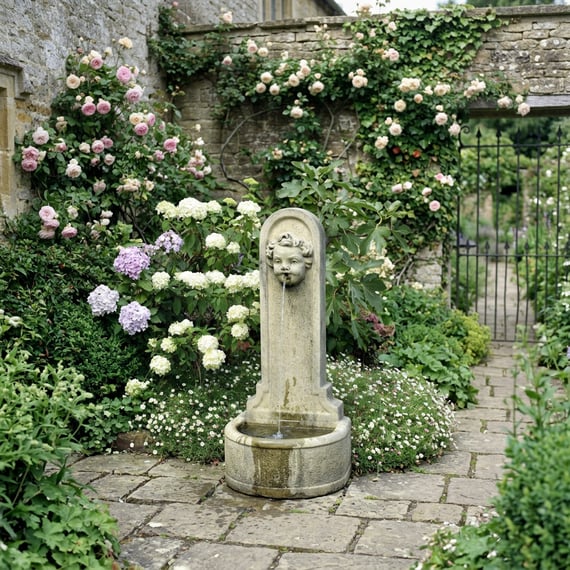 Garden cherub upright stone fountain for a Mediterranean courtyard
