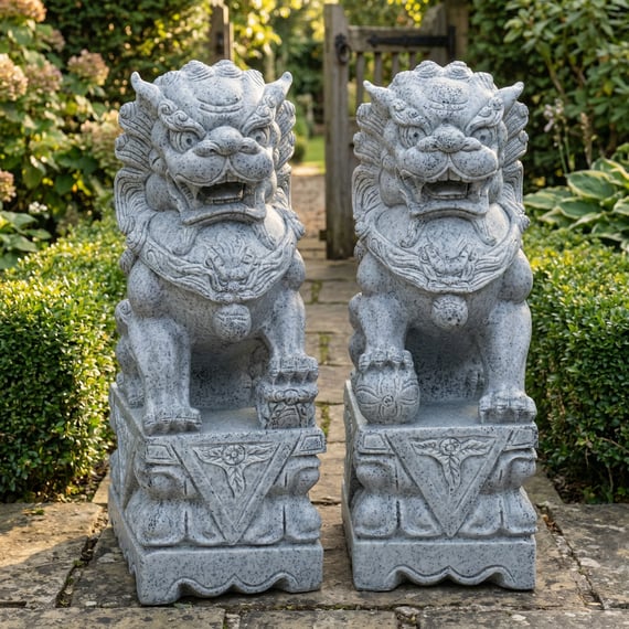 Matched pair of grey Foo dog garden statues for flanking a path or doorway