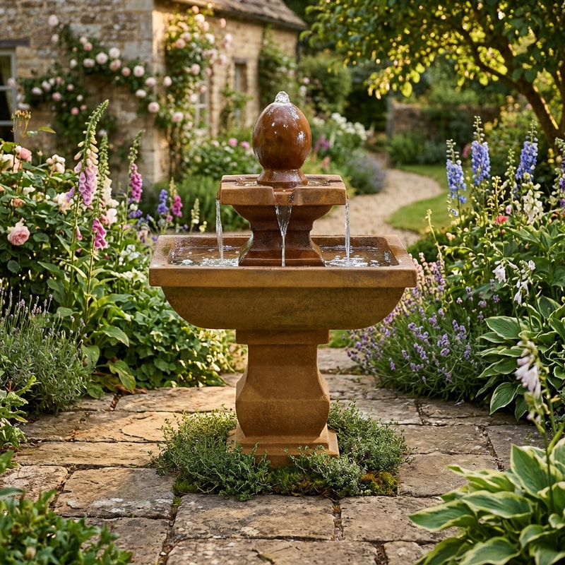 Journey stone water feature with rough-cut sandstone and water sheeting down face in cottage garden
