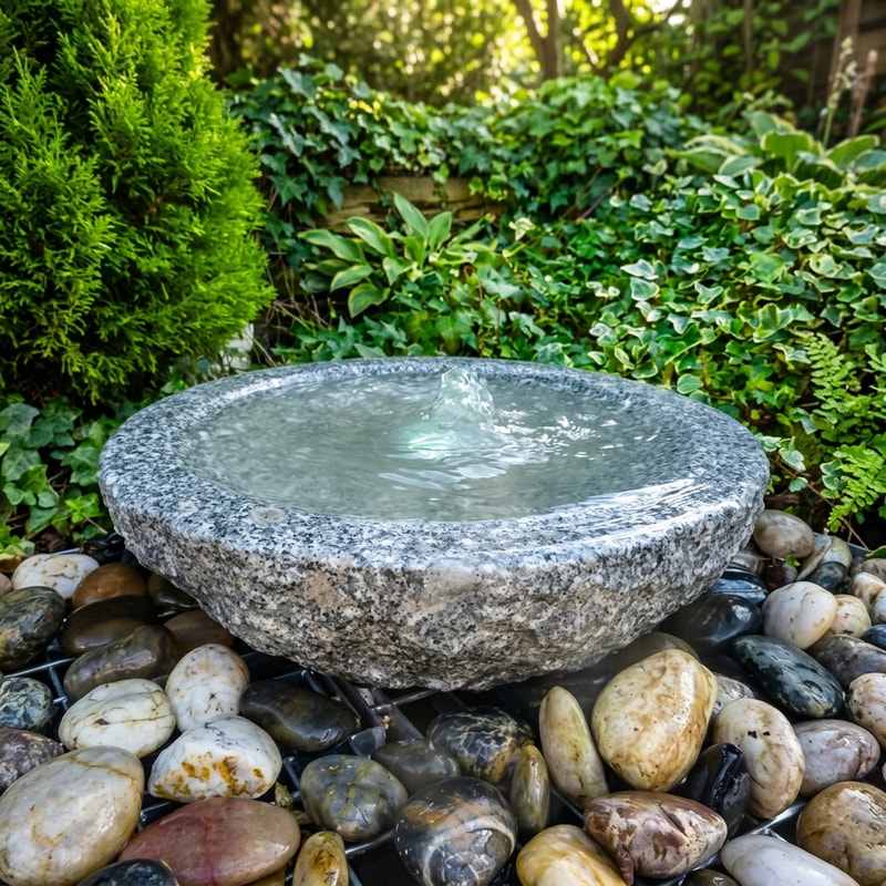 Babbling Bowl grey granite water feature in modern paved garden