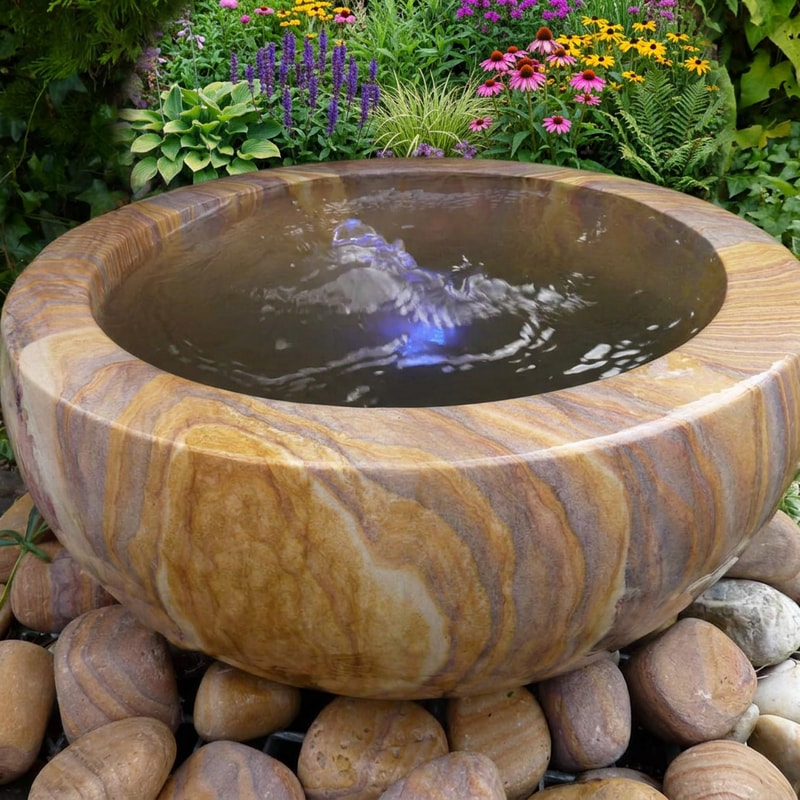 Babbling Urn in rainbow sandstone with carved spiral detail in cottage garden