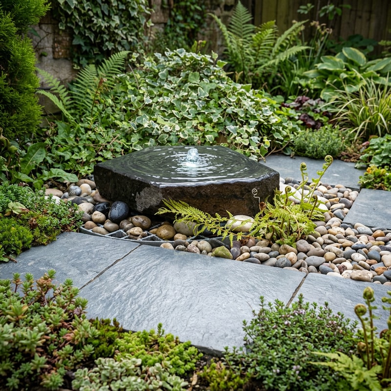 Basalt slab water feature with water flowing down dark stone face in contemporary garden