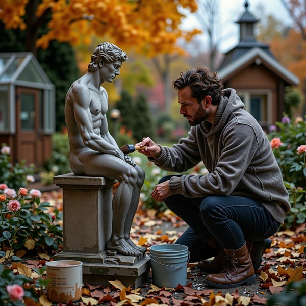 applying sealant to protect stone garden-ornament