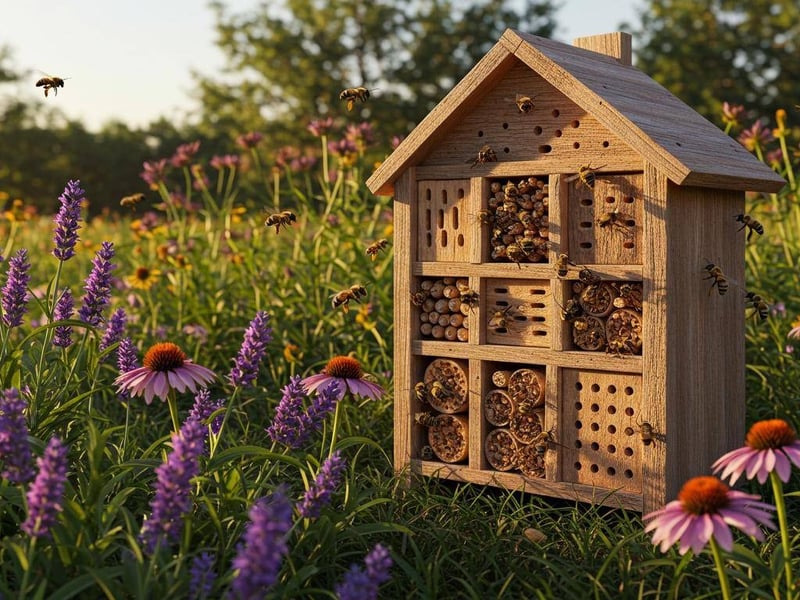 Wooden bee hotel surrounded by coneflowers and purple blooms, with bees flying in and out on a sunny day