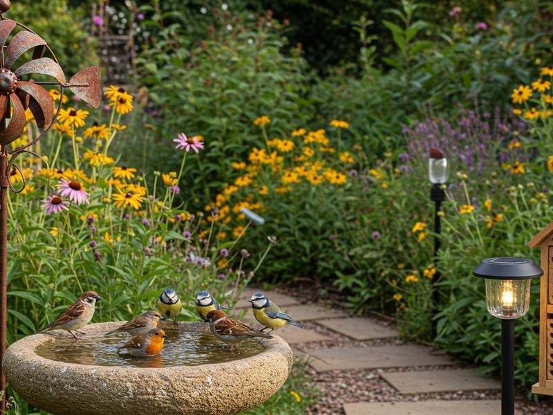 Stone birdbath with sparrows, robins, and blue tits, next to a wooden bee hotel in a summer flower garden
