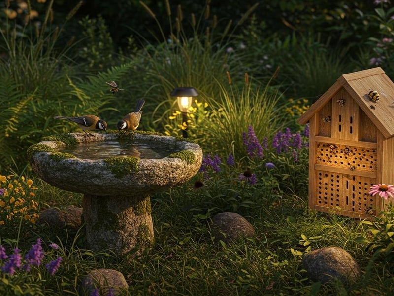 Stone birdbath with two small birds drinking, a wooden bee hotel, and solar garden lights glowing in an evening garden with flowers and greenery
