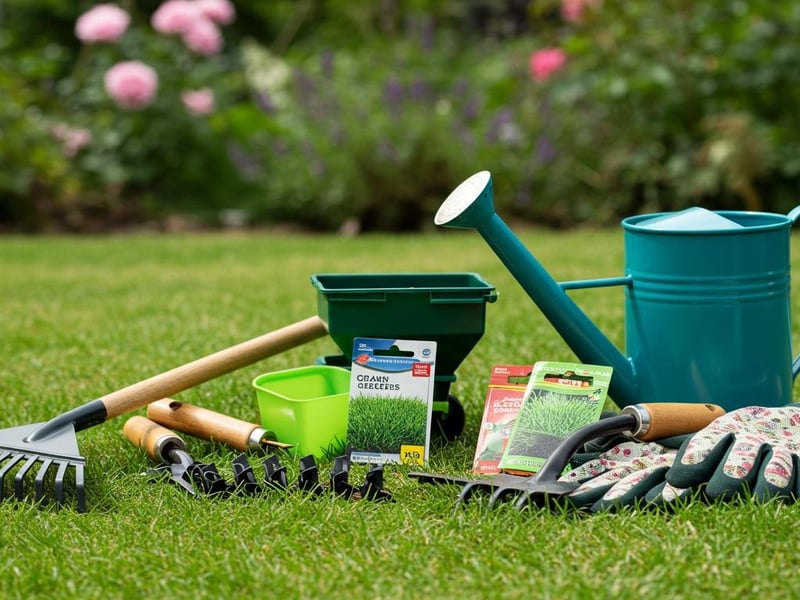 Essential lawn seeding tools arranged on grass including rake, spreader, watering can, and seed packets for UK gardens.