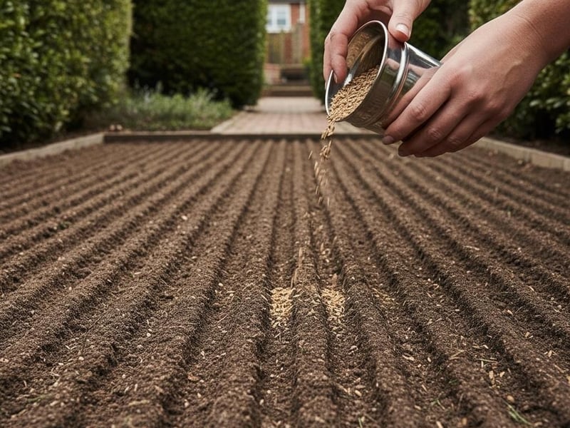 Hand scattering grass seed evenly across raked, prepared soil bed in UK garden setting.