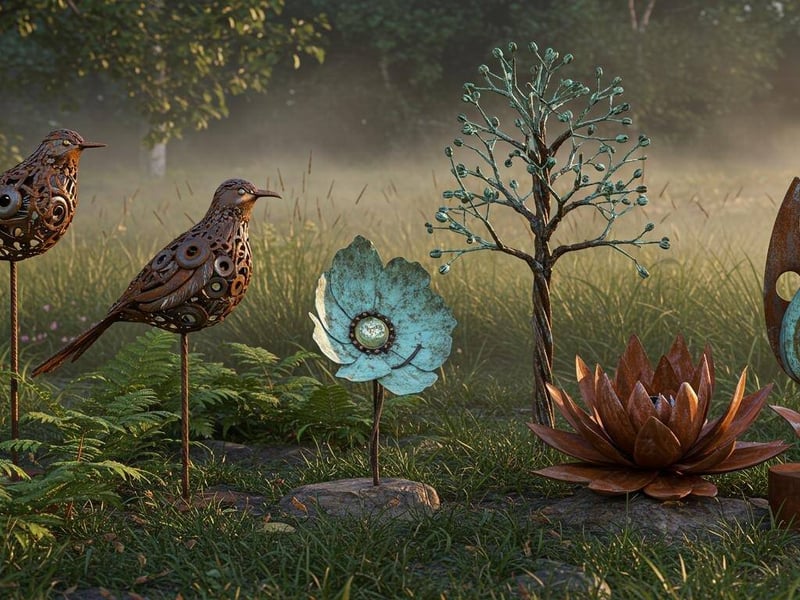 Decorative metal garden ornaments including two bird sculptures, a flower, a tree, a lotus flower, and an abstract swirl design among garden ferns