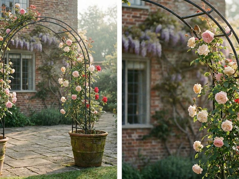 Metal garden arch with climbing roses in a small paved patio setting.