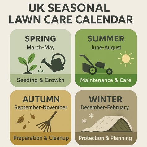 Illustrated calendar displaying lawn care activities and optimal timing for each season in UK climate.