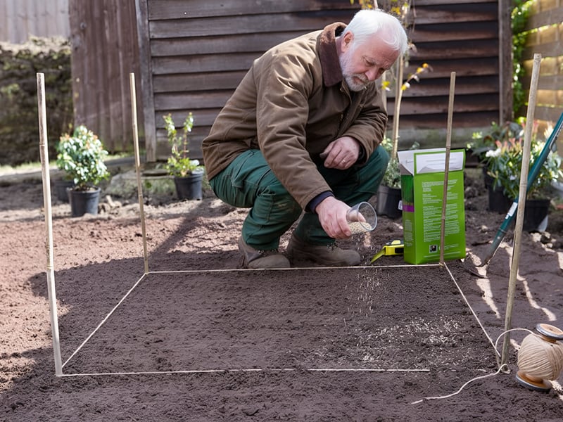 Gardener demonstrating proper seed spreading technique with rake and measured seed portions in UK garden setting.