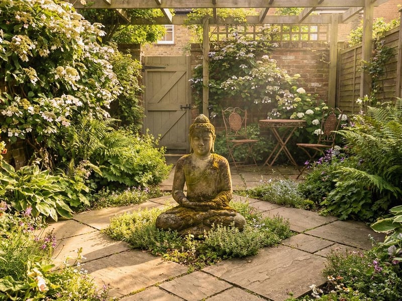 Lush small UK courtyard garden featuring a stone buddha statue and diagonal paving for space illusion.