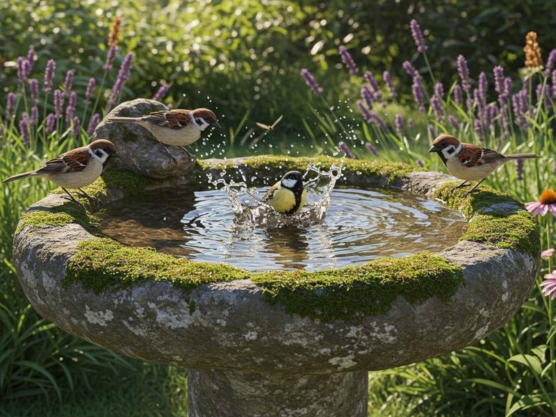 Three sparrows perched on a mossy stone birdbath while a great tit splashes in the water on a sunny summer day surrounded by flowers