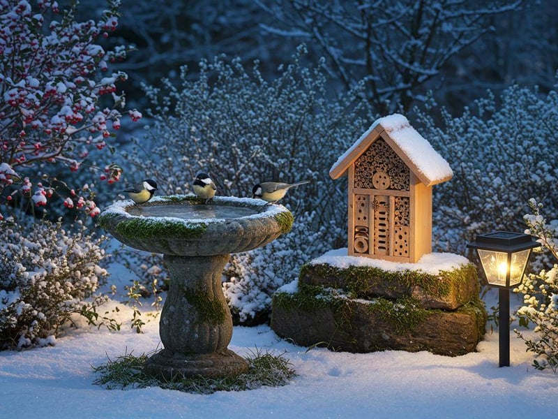 Snow-covered garden with a stone birdbath, wooden bee hotel, and solar light, visited by small birds in winter