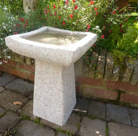 Tall Square Pink Granite Bird Bath 