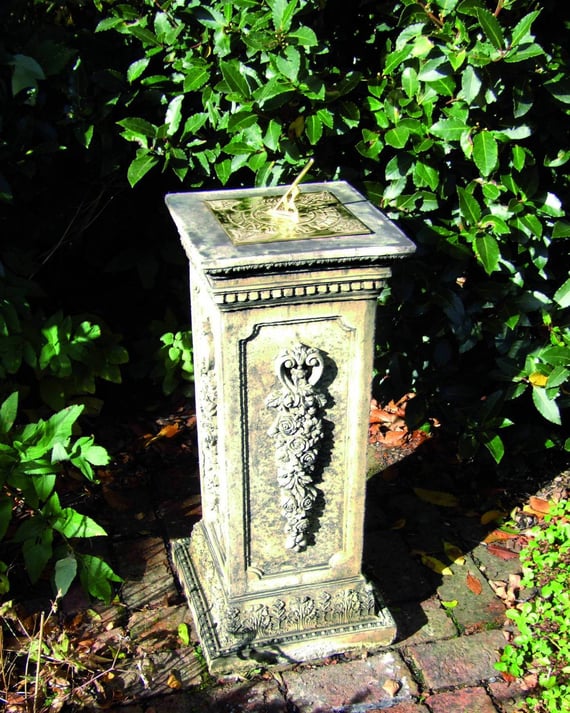 Brass Sundial on Floral Stone Garden Pedestal