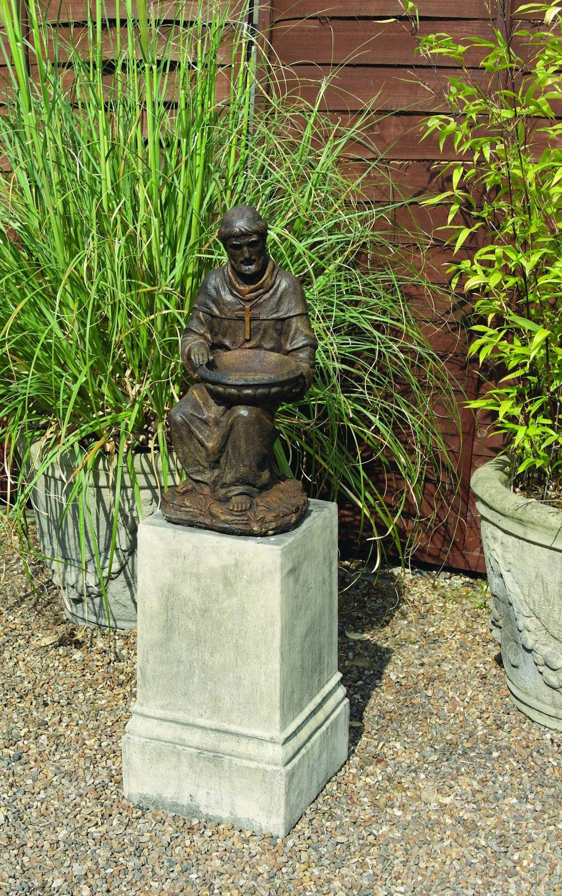 St Francis Of Assisi Bird Feeder Stone Statue in Umber