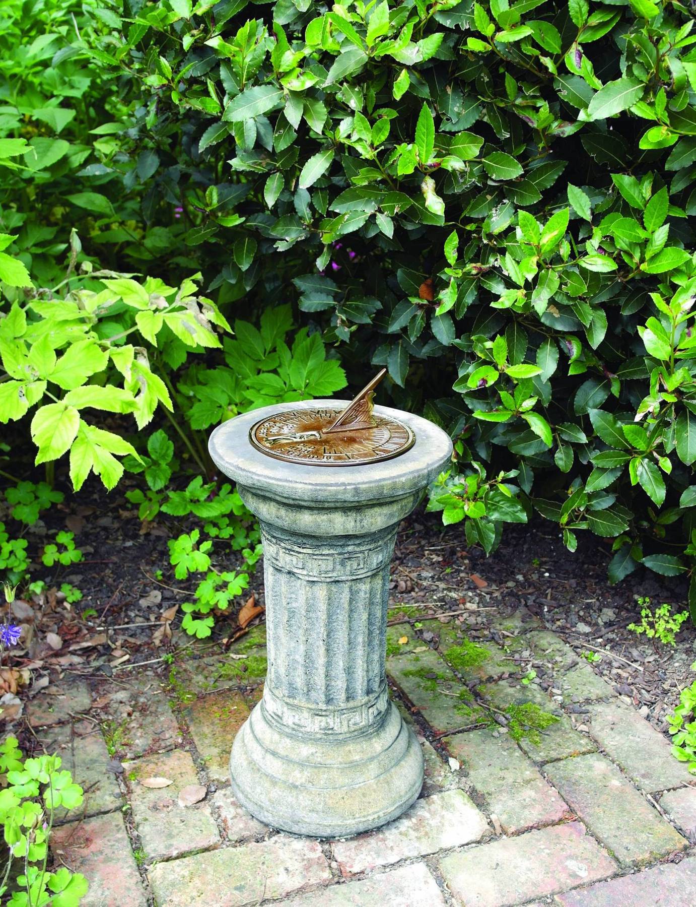 Aged Brass Sundial on Classical Stone Garden Pedestal