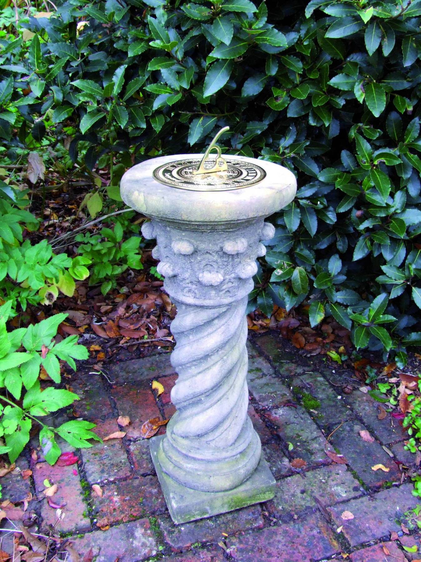 Brass Sundial on Roman Stone Garden Pedestal