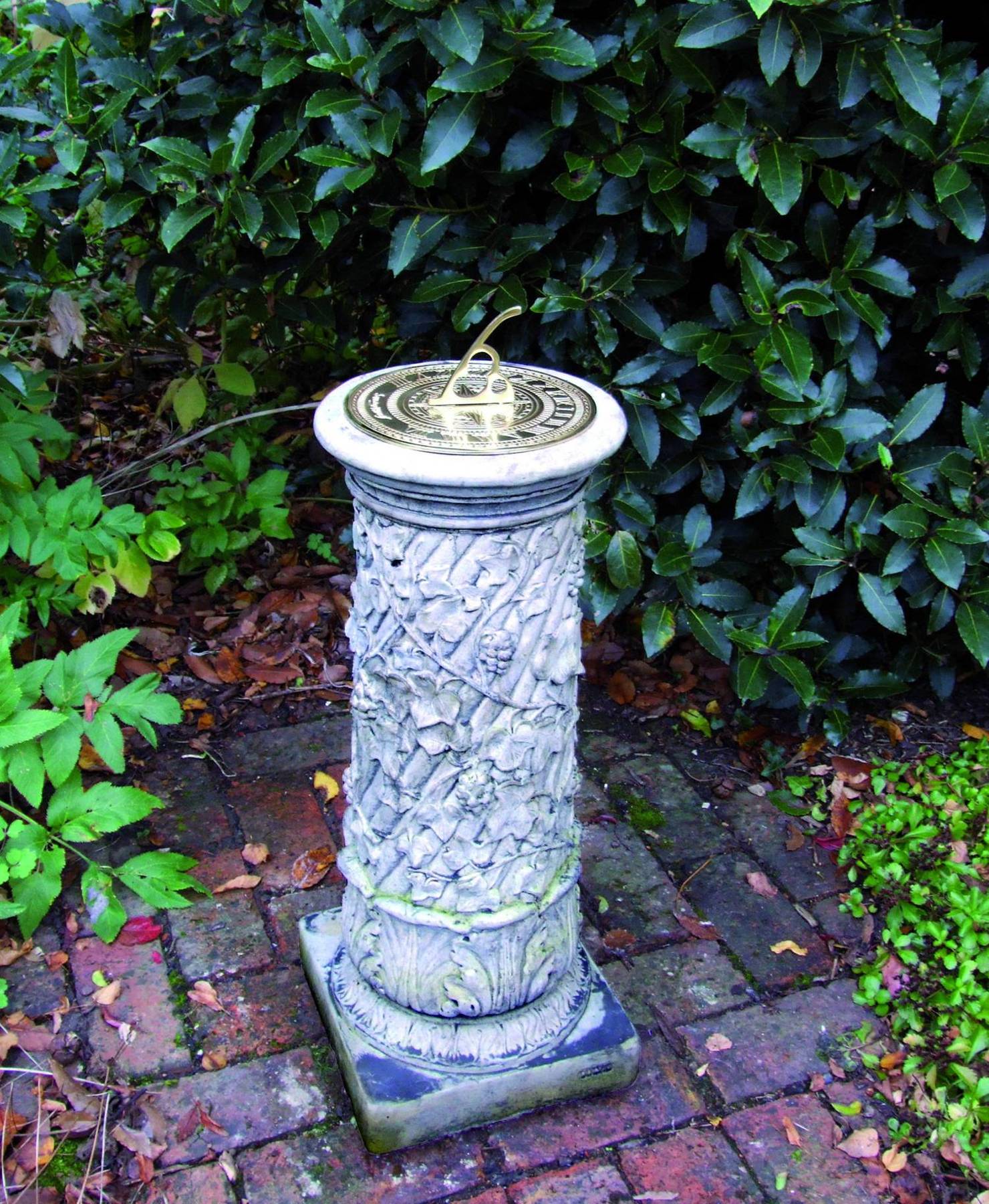 Aged Brass Sundial on Vine Stone Garden Pedestal