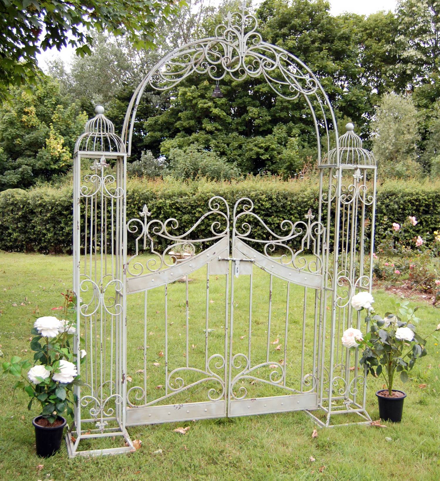 Antiqued Green Vintage Metal Garden Arch with Gates