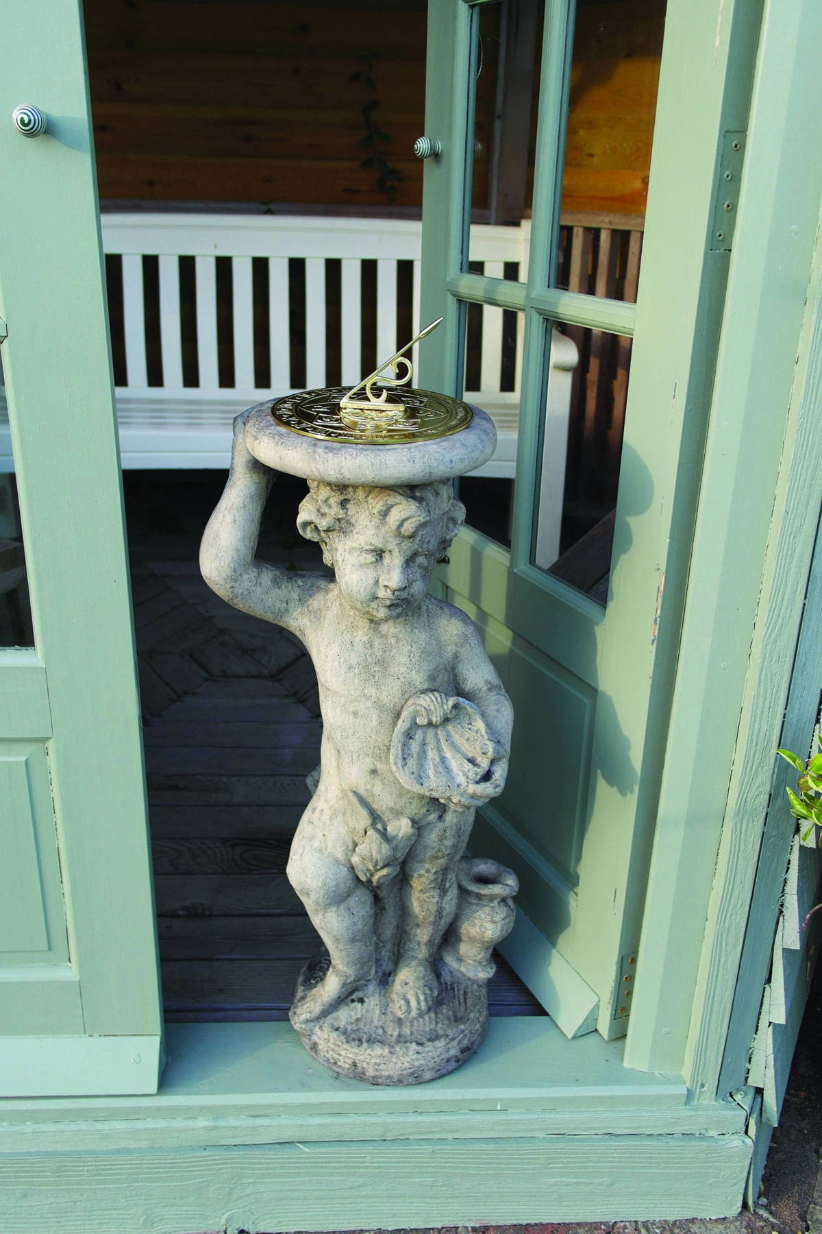 Brass Sundial on Stone Cherub Garden Pedestal