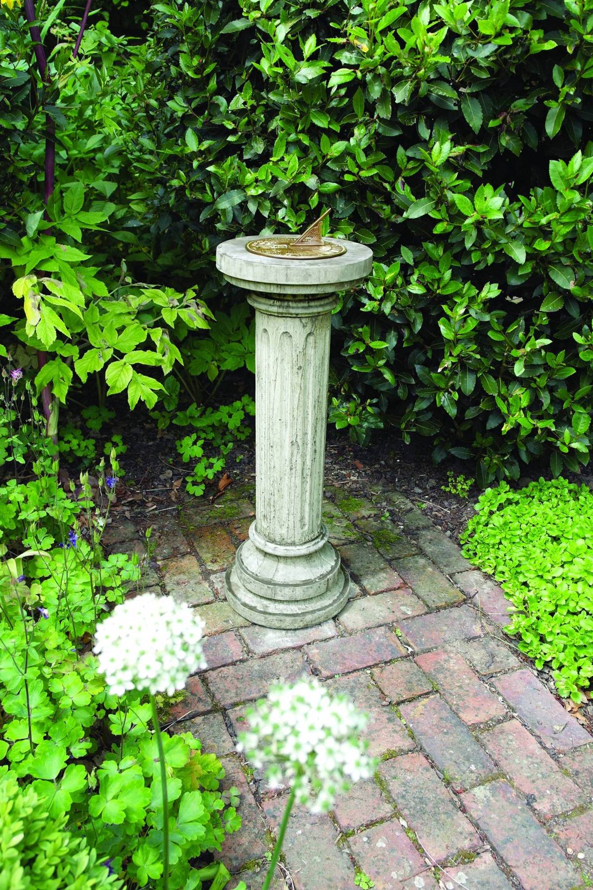 Aged Brass Sundial on Brighton Stone Garden Pedestal