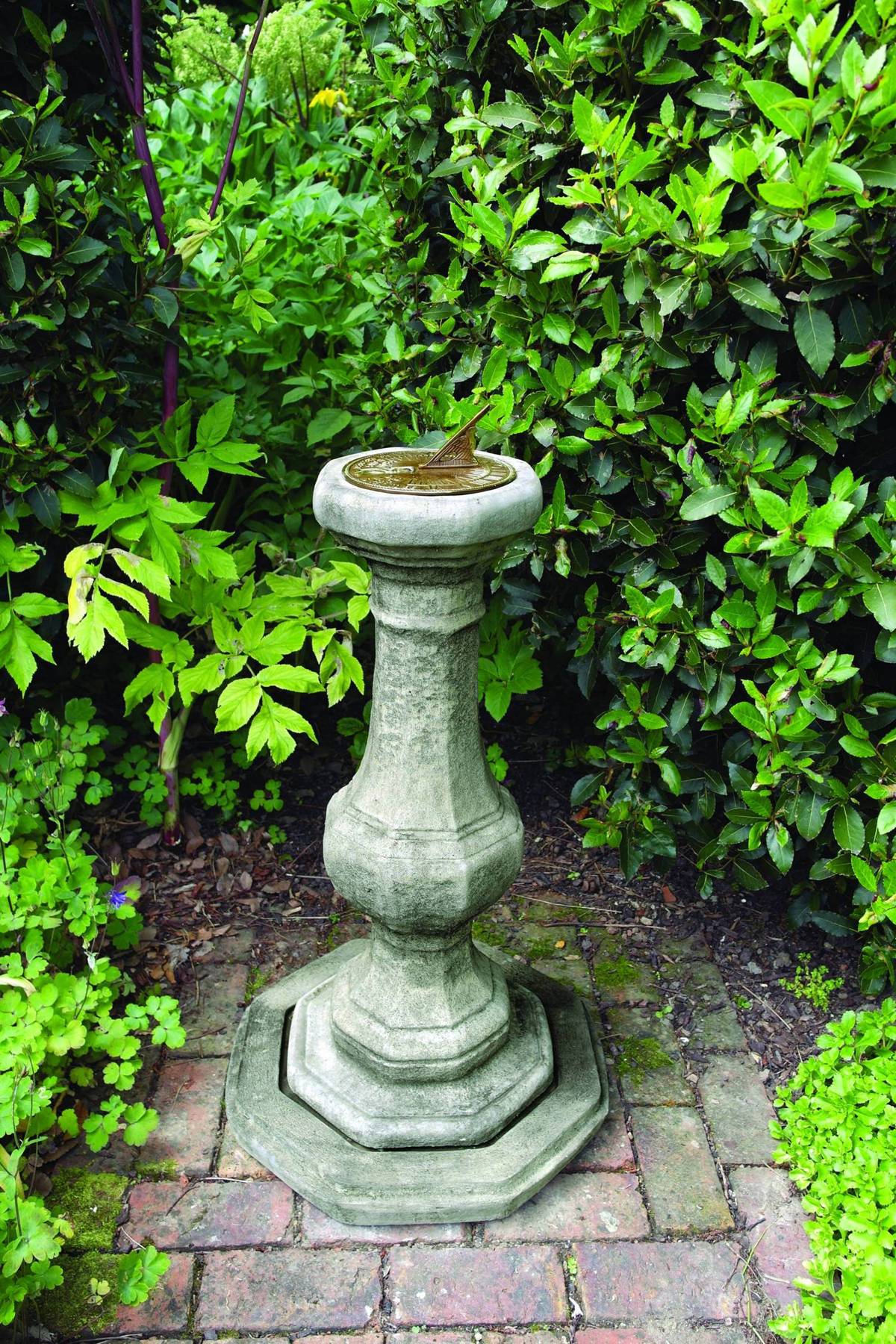 Aged Brass Sundial on Stone Garden Pedestal