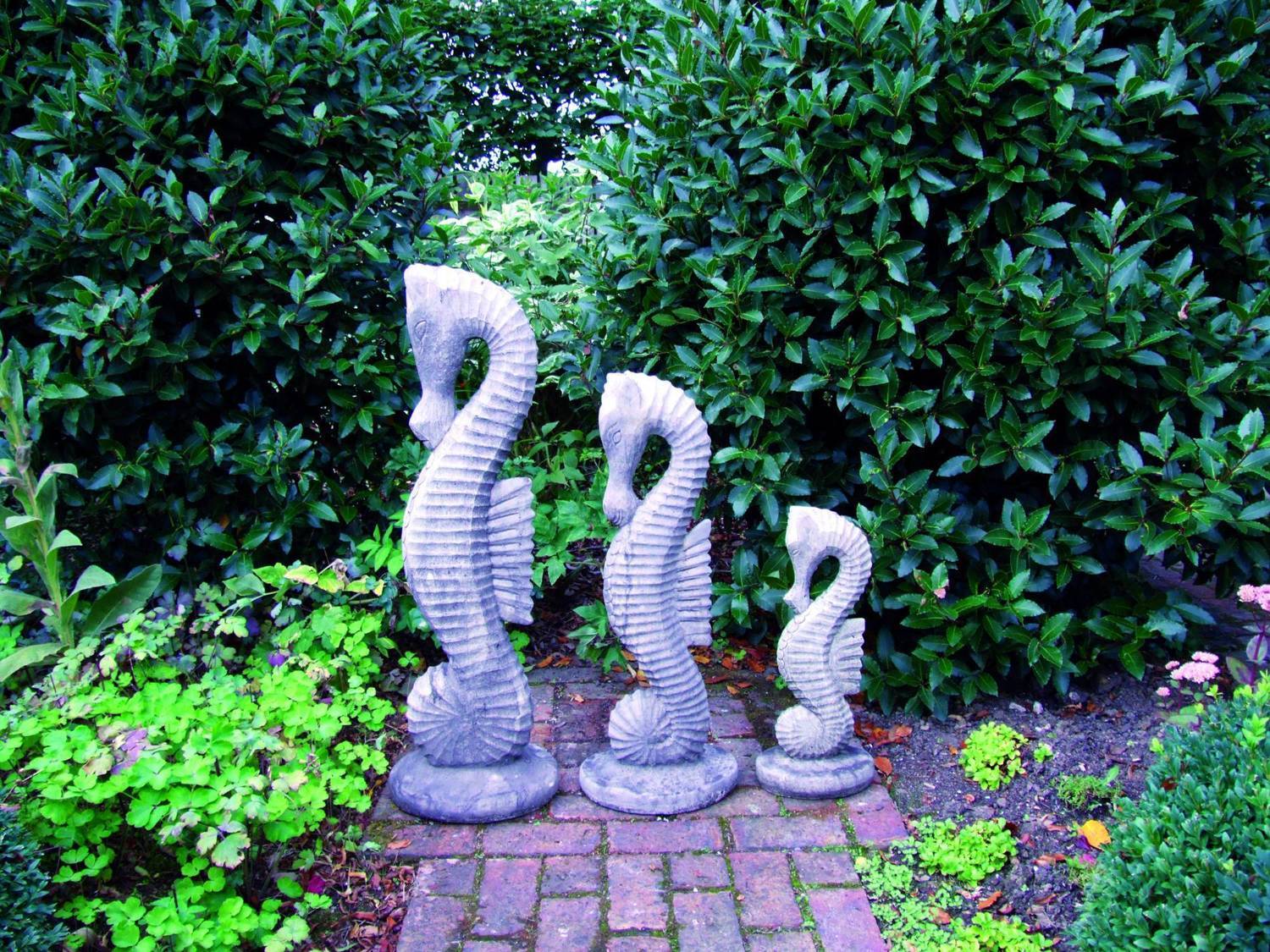 Set of Three Stone Seahorse Statues