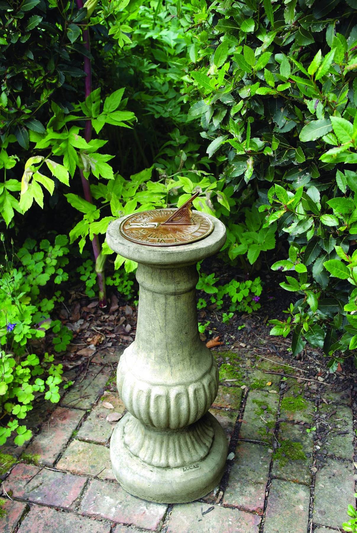 Aged Brass Sundial on Victorian Stone Garden Pedestal